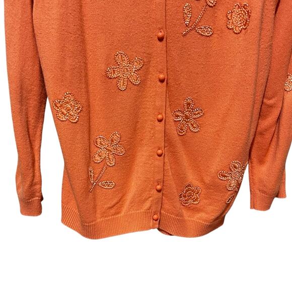 Y2K VTG Josephine Chaus Women Beaded Flower Cardigan L Peach Cottagecore Boho - Picture 6 of 10